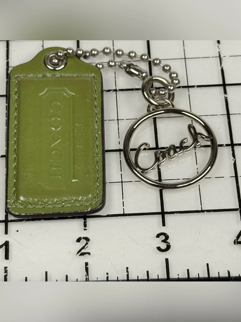 Coach Green Leather Tag Keychain with Silver Script Ring